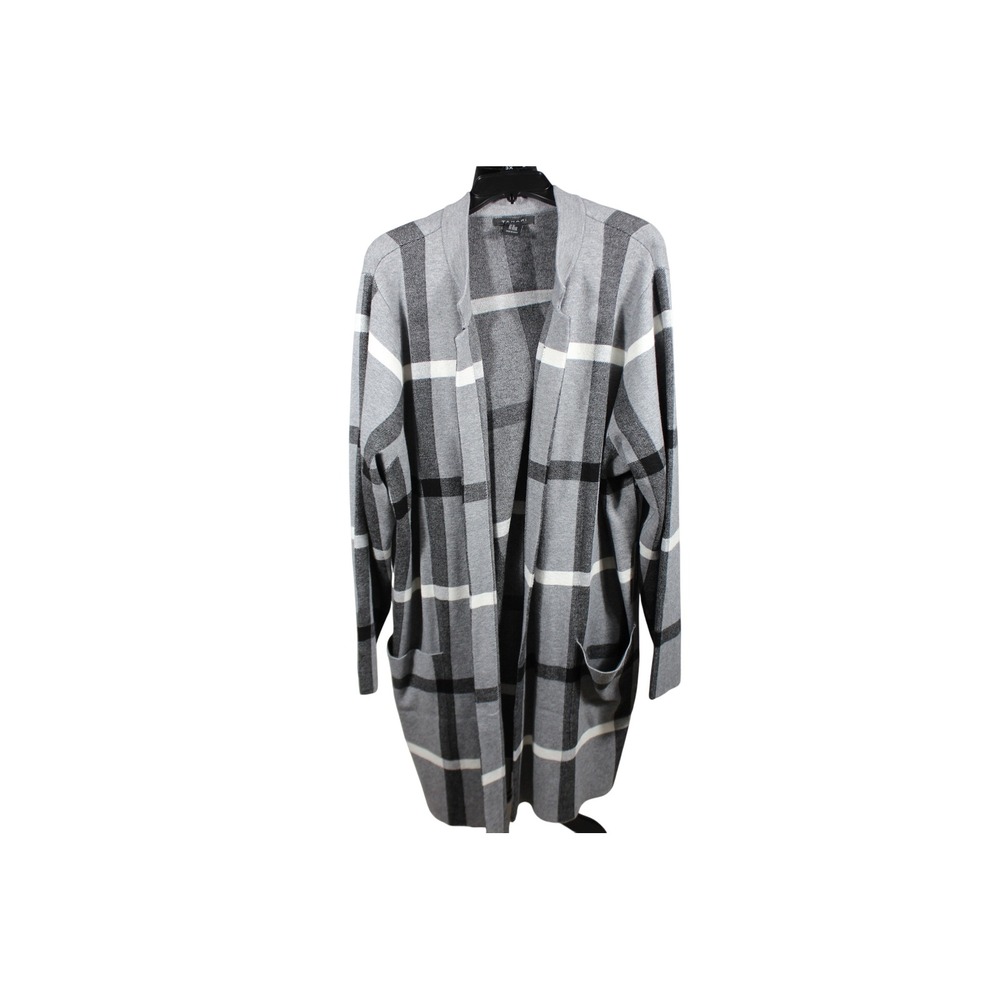 Tahari Womens 3X Plaid Open Front Cardigan Sweater Grey Black White Longline NWT